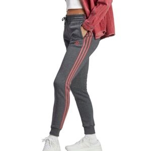 Adidas Essentials Fleece 3 Stripe Gray Pink Joggers Sweatpants Cuffed Pant Small